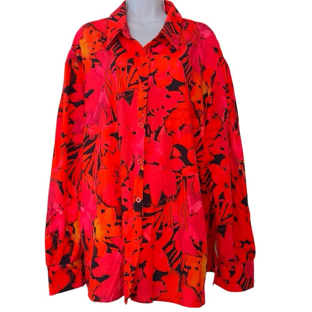 In' Voland Long Sleeve Floral Silky Red Button Top Blouse Shirt Plus Size 3X 24W